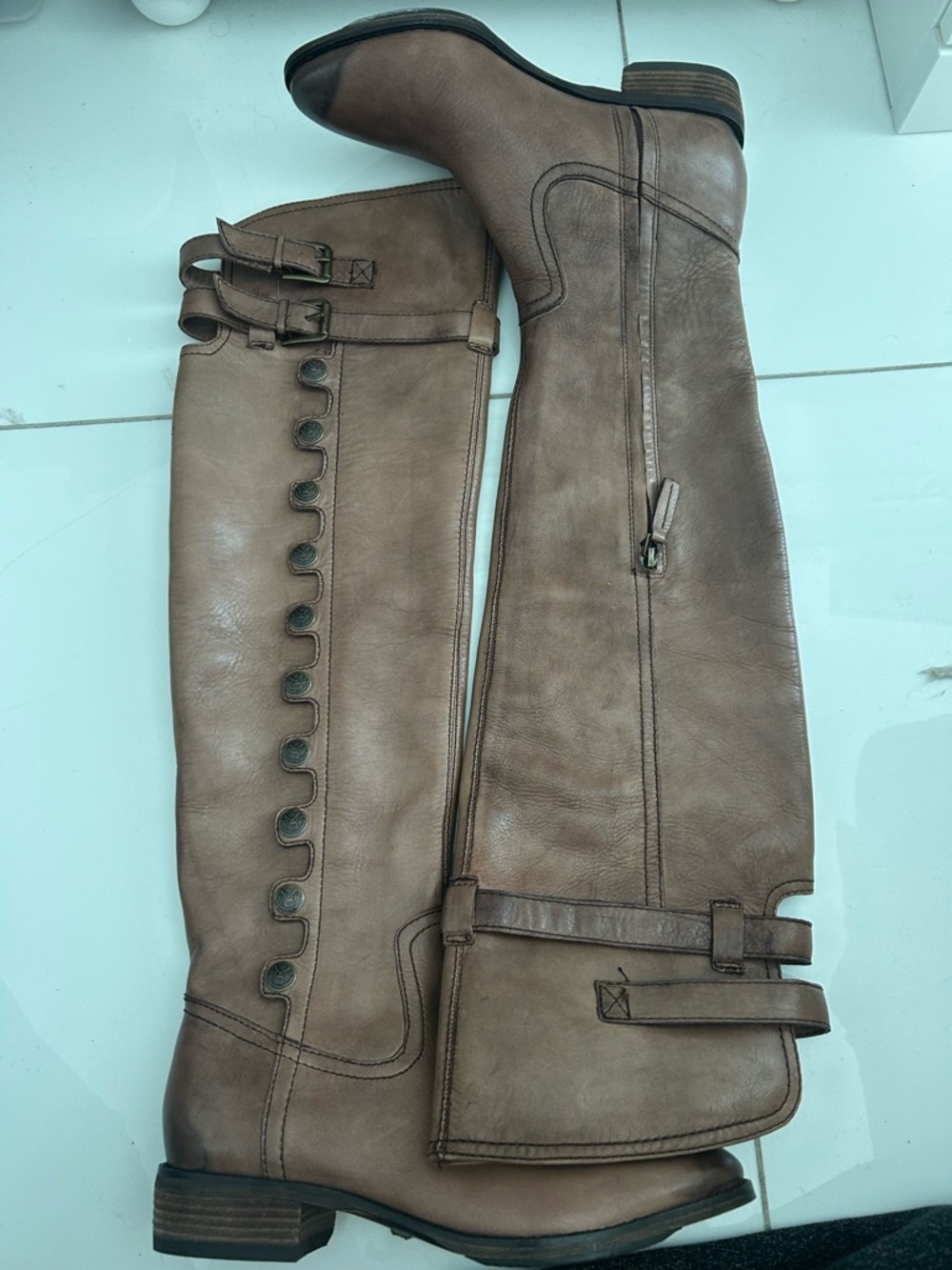 Sam Edelman Taupe Leather Combat Moto Knee-High Boots